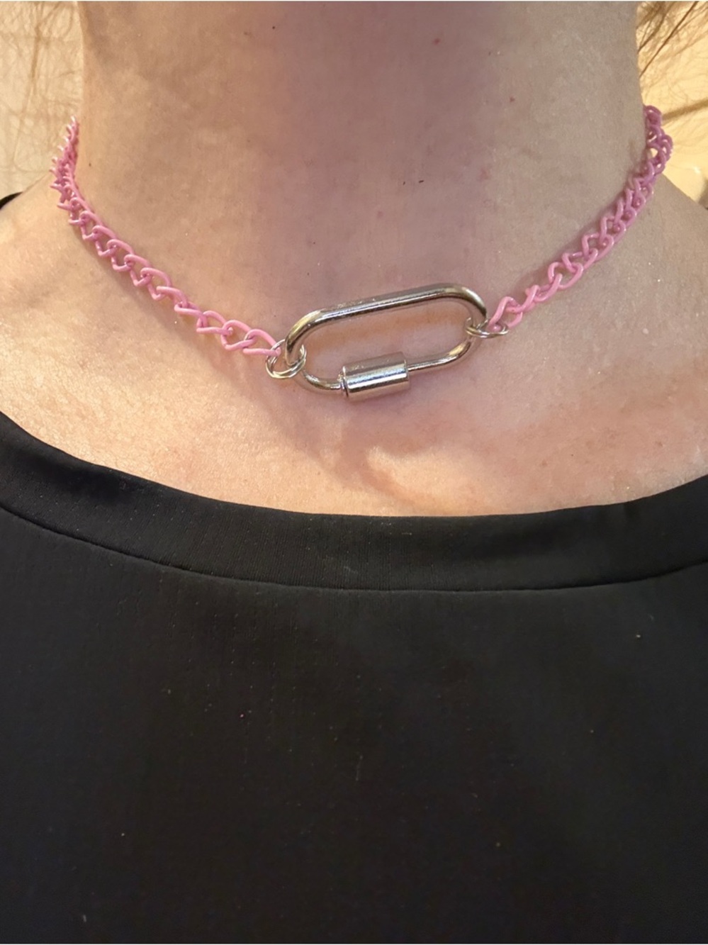 Hand-Crafted Pink Chain Link Choker Necklace with Silver Carabiner Clasp